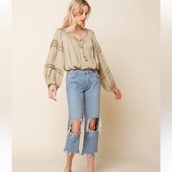 Free People Tops - Free‎ People All Tucks Satin Bodysuit Flowy Olive Green Size Small Ballon Sleeve